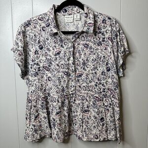 Rachel Zoe Womens Size L Floral Peplum Collared Buttons 100% Linen Ruffled Hem